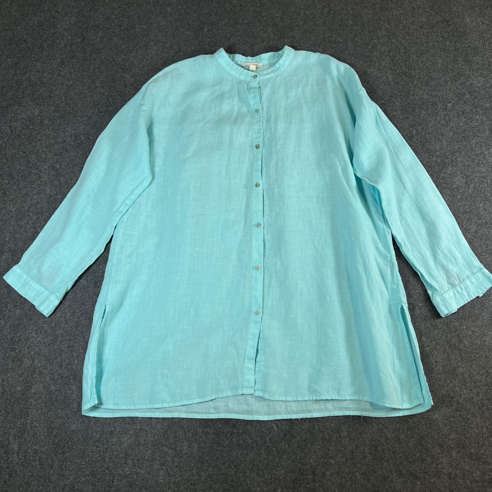 Eileen Fisher Aqua Blue Organic Linen Mandarin Collar Button Down Tunic Top M